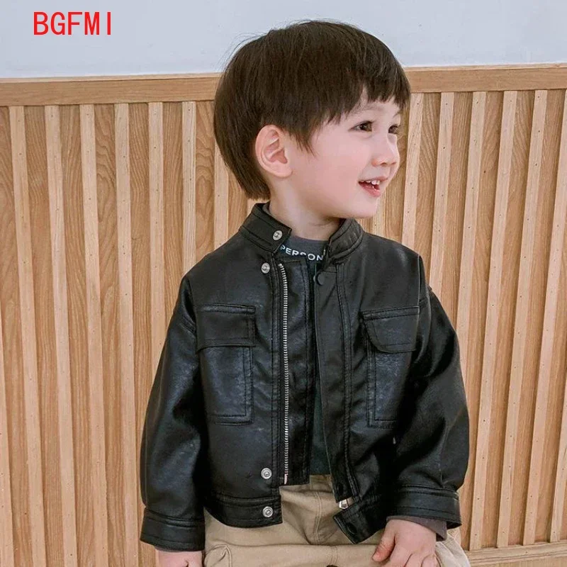 New 2024 Boys' PU Leather Toddler Jacket Baby Boy Spring Autumn Infant Kids Girls Motorcycle Coat Korean Style Black Outerwear