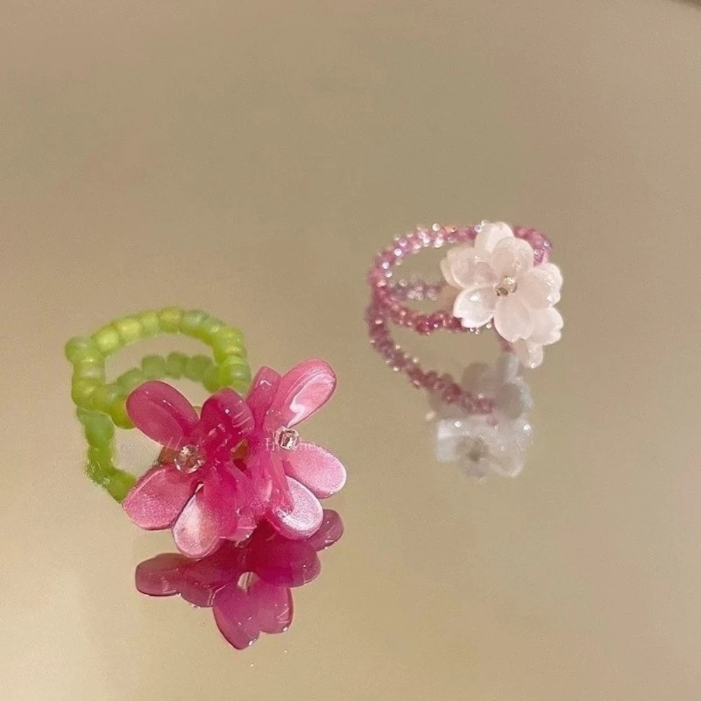 New Romantic Cute Violet Flower Ring Spring Summer Elastic Beaded Rings for Women Friends Korea Finger Jewelry Accessories Gift