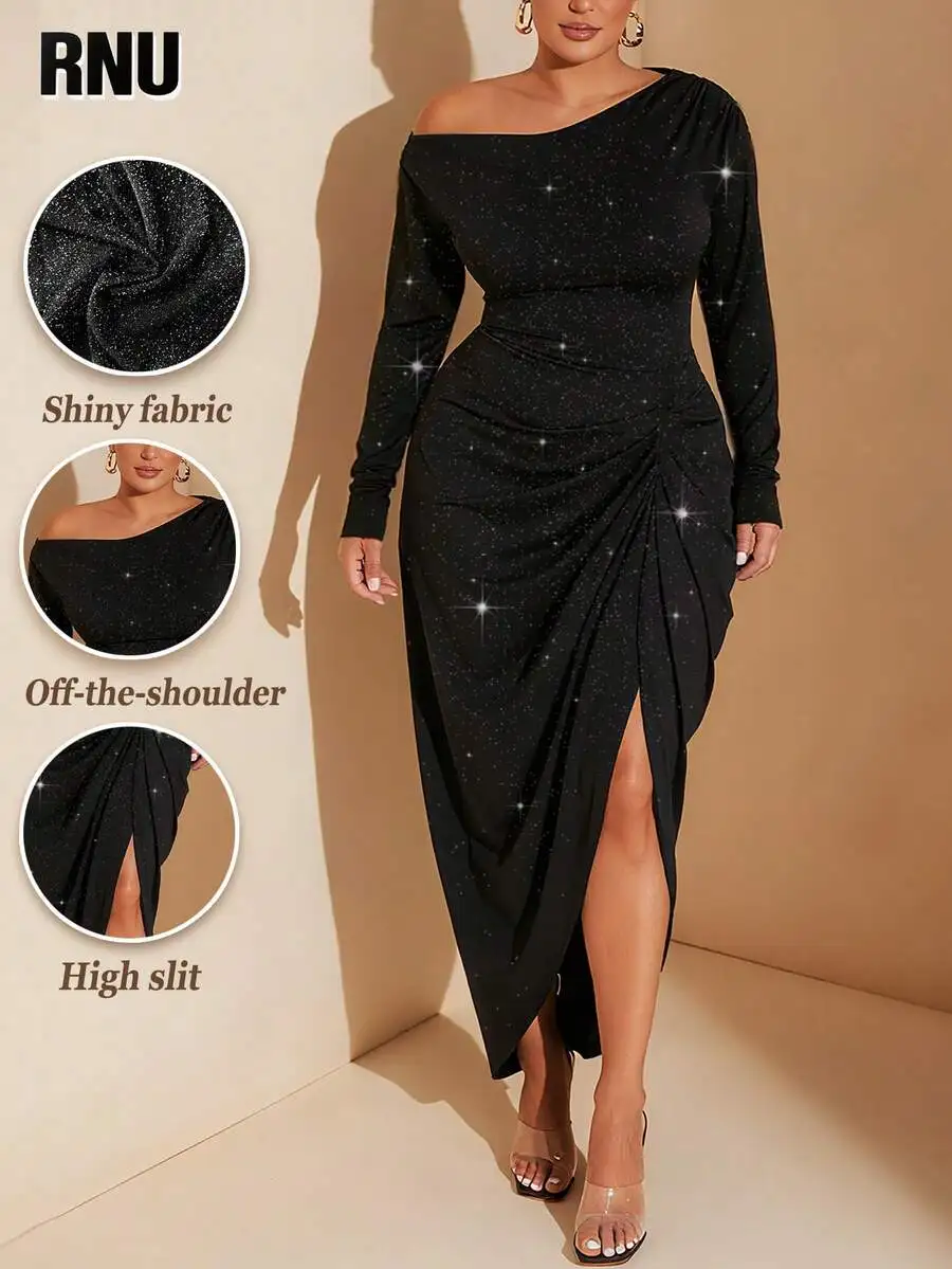 

Блестящее макси-платье больших размеров с открытыми плечами, драпировкой и высоким разрезом