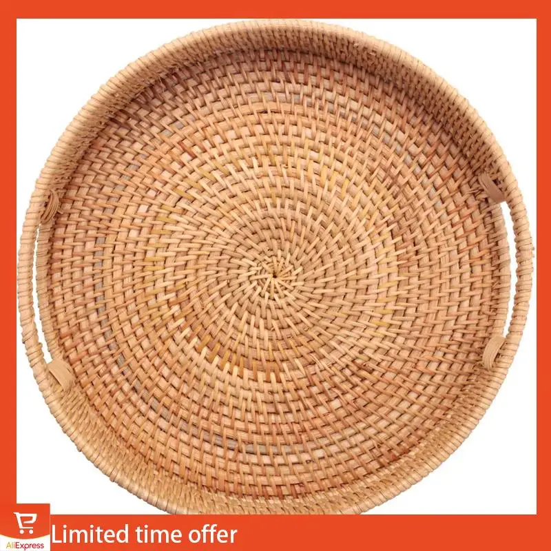 

Fresh 3X Round Rattan Woven Serving Tray With Handles Ottoman Tray For Breakfast, Drinks, Snack For Coffee Table Decorative