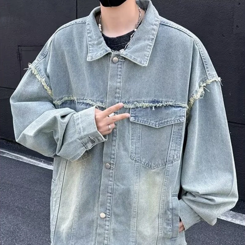 

Мужские рваные джинсовые куртки, осенняя американская ретро стираная уличная одежда в стиле хип-хоп, крутые модные свободные повседневные куртки, джинсовое пальто на пуговицах