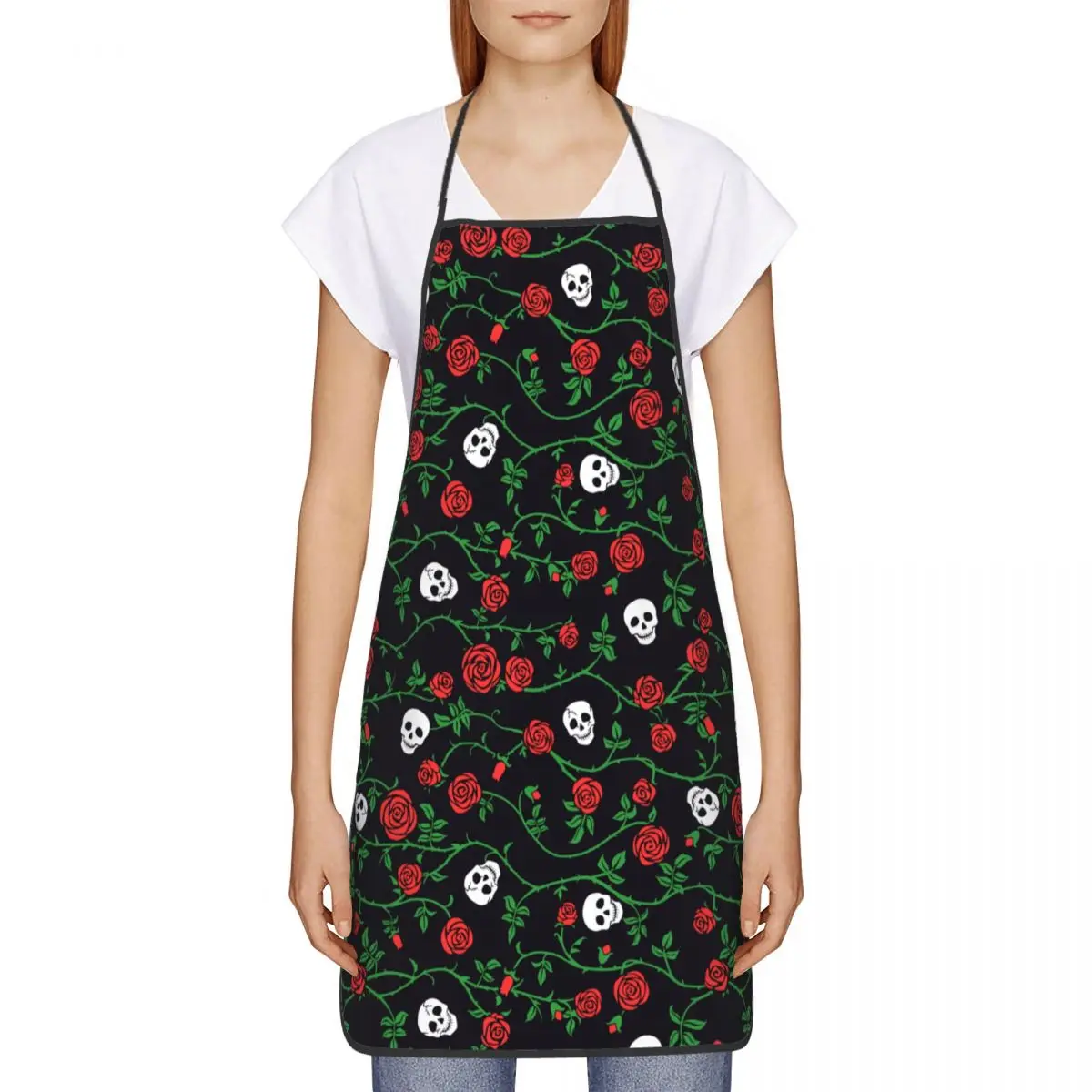 Custom Skulls And Roses Bib Aprons Unisex Chef Gothic Halloween Day of the Dead Tablier Cuisine for Cooking Baking Painting