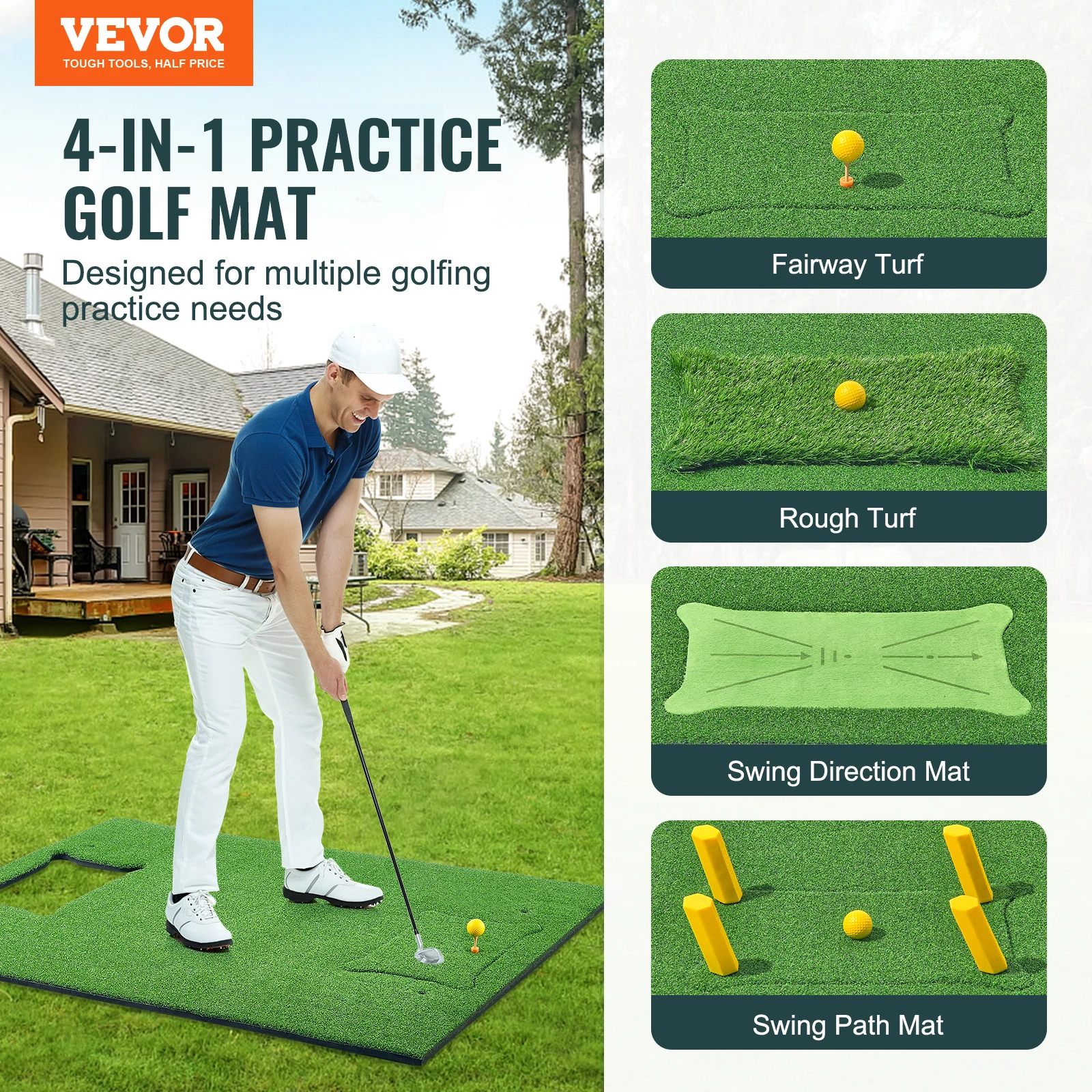 VEVOR 4 IN 1 Golf Hitting Mat 5x4ft Artificial Turf Golf Hitting Mat 15mm Thickened Golf Aids Includes 4 Interchangeable Inserts