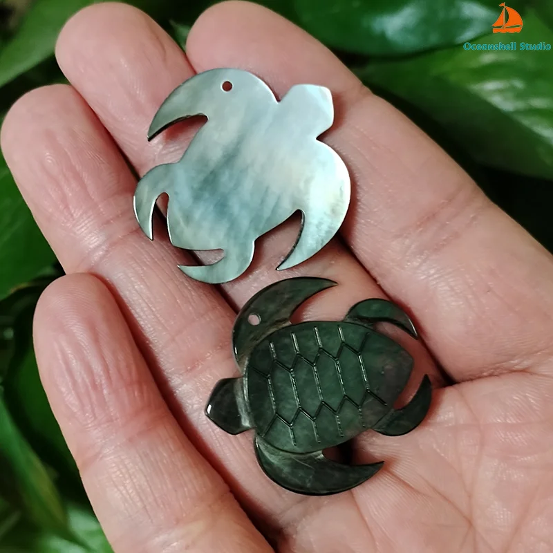 2 PC Black Mother of Pearl Shell Pendant Tortoise Shape Pack-for Crafts Mop Charm Bead, Jewelry Making, Inlay, DIY Project
