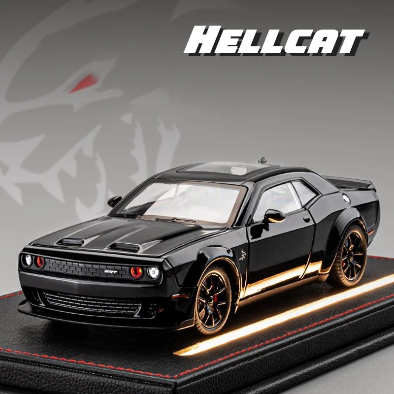 Model samochodu sportowego Hellcat w skali 1/24, odlewany ciśnieniowo ze stopu, symulacja dźwięku i światła, kolekcja do ciągnięcia dla chłopców, zabawki, prezenty urodzinowe i świąteczne.