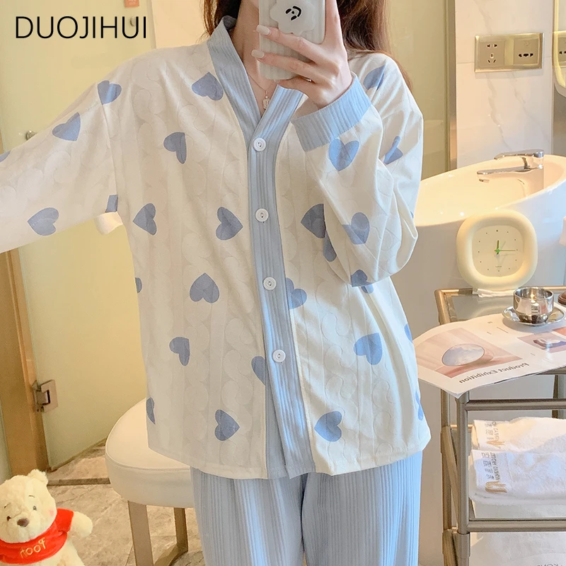 DUOJIHUI Autumn Two Piece Sweet Simple Female Pajamas Set V-neck Cardigan Basic Loose Pant Fashion Casual Home Pajamas for Women