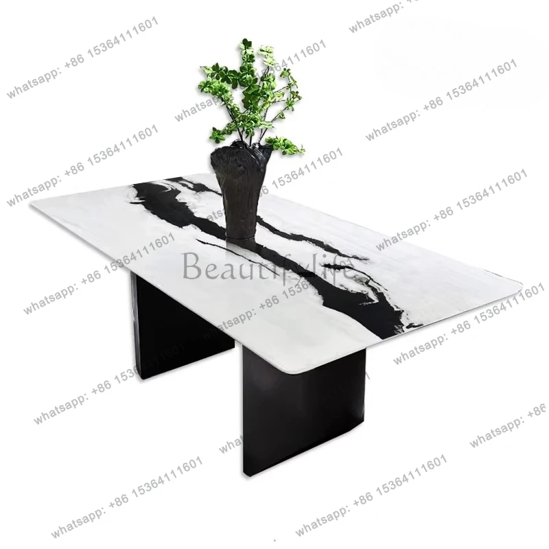 

Panda white natural marble dining table Italian minimalist high-end rectangular luxury stone dining table