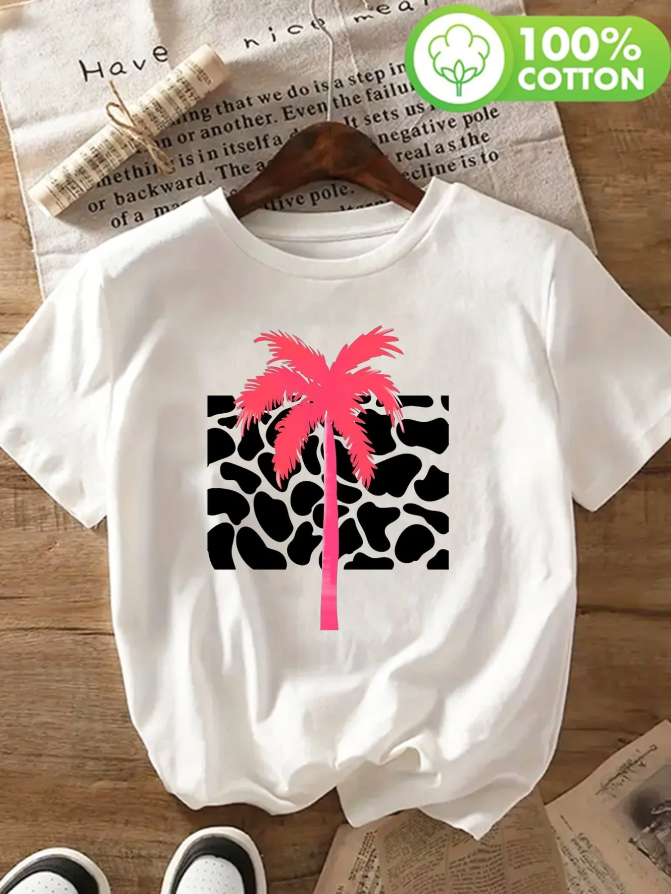 

Женская футболка с графическим принтом — розовая пальма и абстрактный художественный дизайн, повседневный топ с круглым вырезом и короткими рукавами на весну/лето,