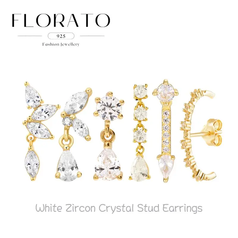 

925 Silver Needle White Water Drop Geometric Zircon Studs For Women Luxury Crystal Temperament Earrings Fashion Party Jewelry