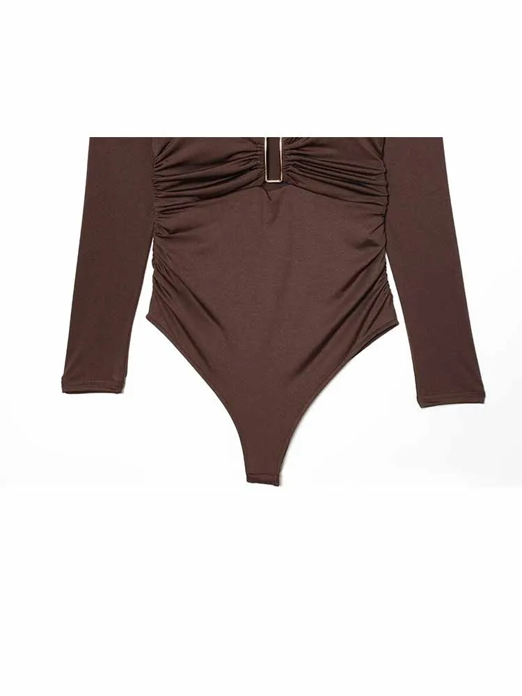 HH femme printemps tendance mode manches longues col en V profond plissé décoration combinaison femme décontracté couleur unie polyvalent hauts