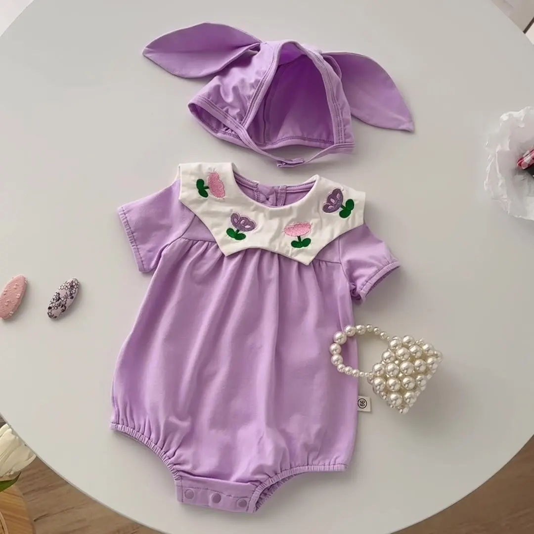 0-2Y Summer Baby Girls Clothes Toddler Girls Bodysuit &One Piece Tulip Embroidery Clothing With  Hat