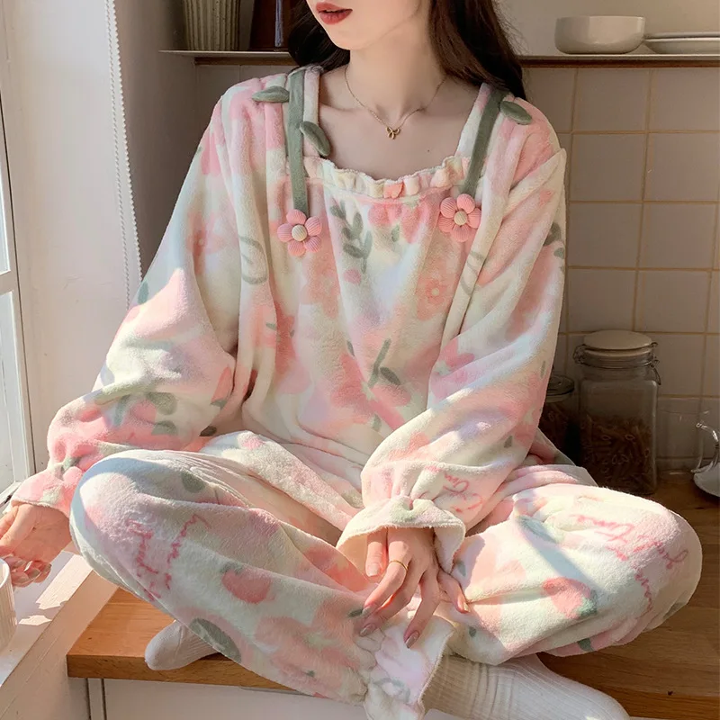 

M-2XL корейский фланелевой пижамный комплект с цветочным принтом, женские зимние утепленные брюки из кораллового флиса с длинными рукавами, домашняя одежда, которую можно носить на улице