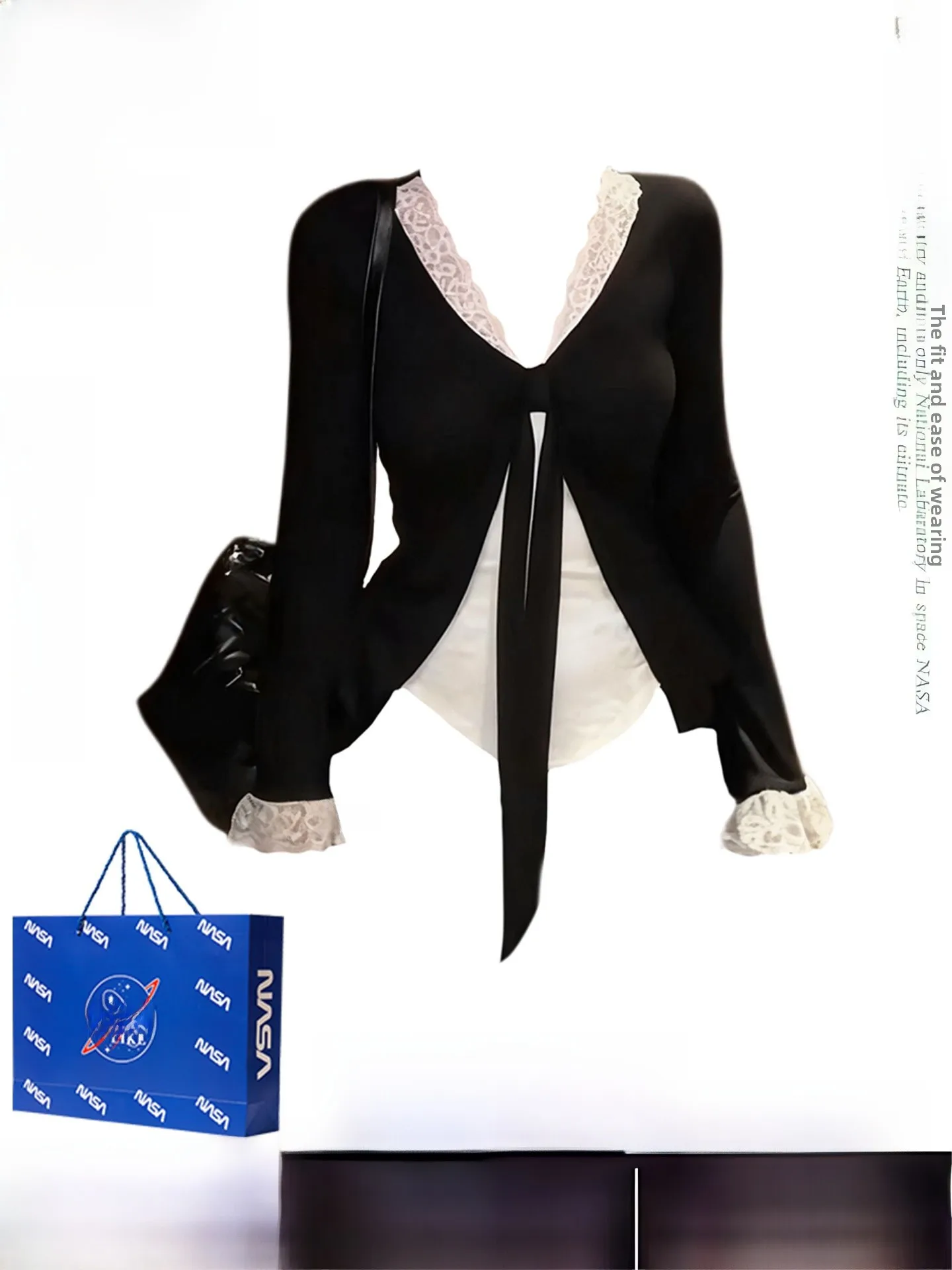 

Slimming Lace Splice Long Sve T-irt Women's Autumn Winter Casual Sle Base irt Top with Belt Design V-Ne Regular Fit