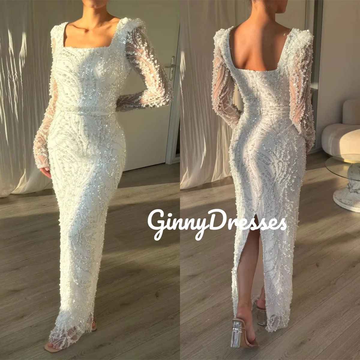 

Evening Dresses Luxury Customize Sheath Split Strapless Dresses For Prom Floor-Length Beadings Zipper Up Long Sleeves Formal Occ
