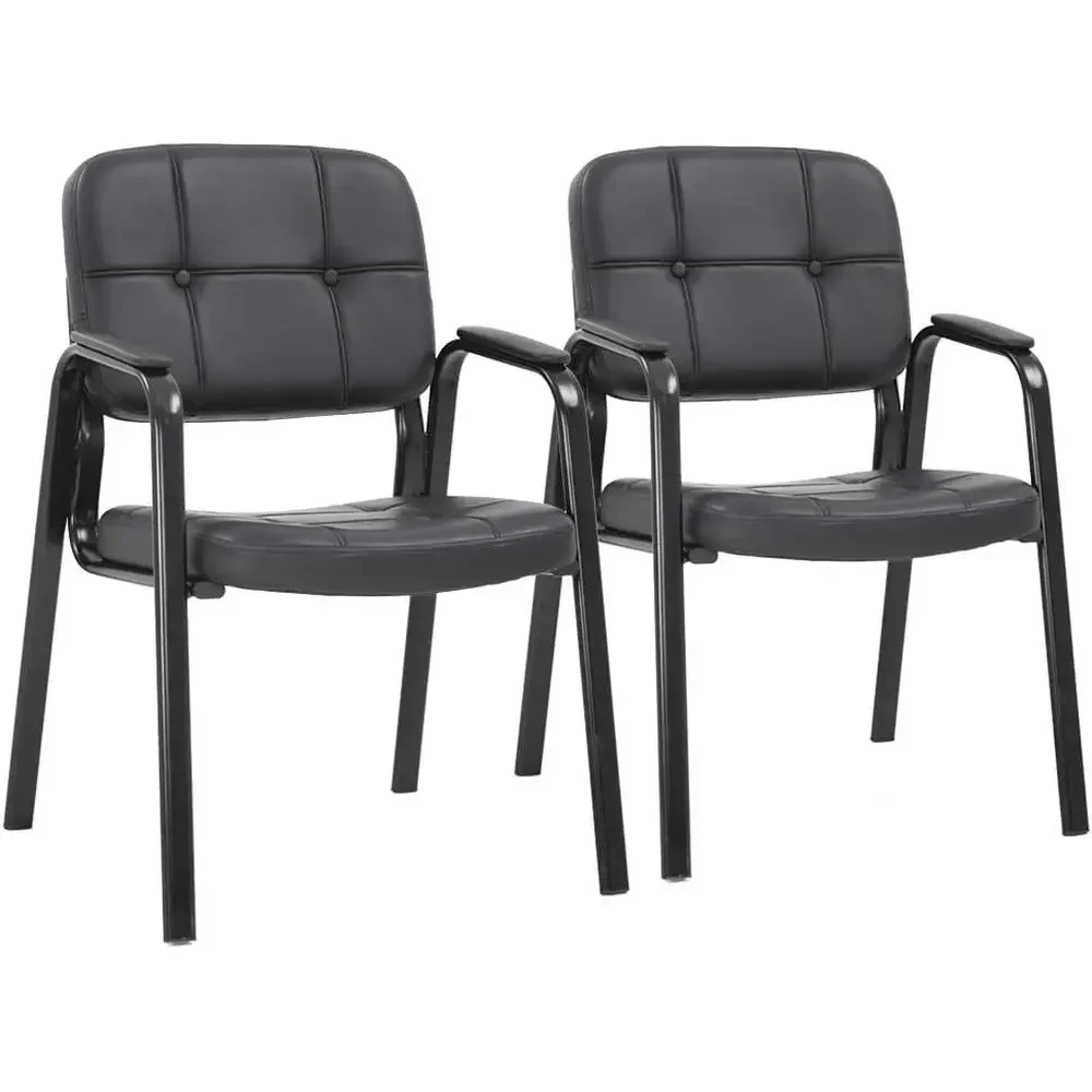 Black Leather Conference Chairs Set of 2 with Stackable Cushion Seats, Armrests, and Lumbar Support