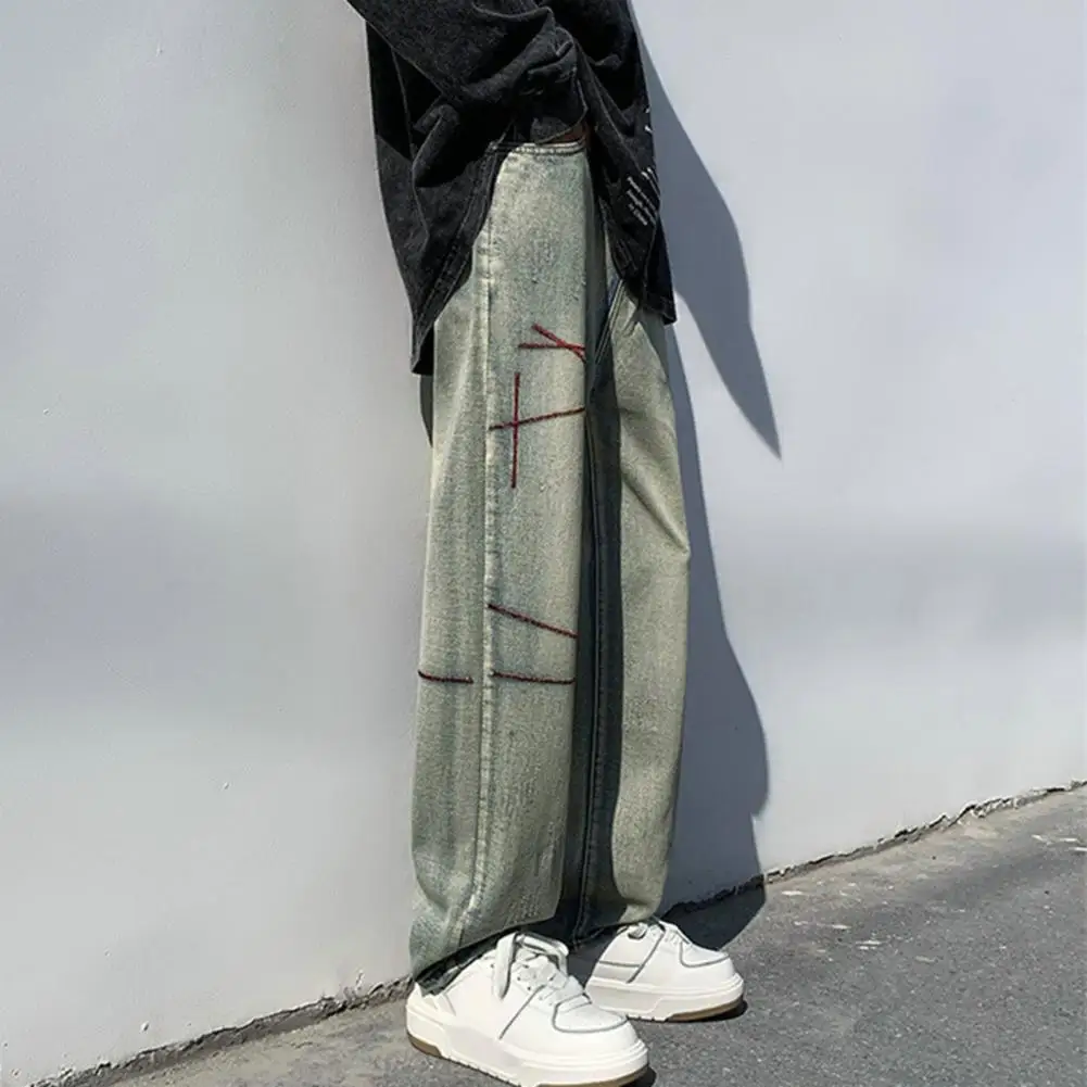 

Men Spring Jeans Wide Leg Jeans Wide Leg Men's Jeans with Deep Crotch Ripped Stripes Streetwear Pockets Stylish Denim for Spring