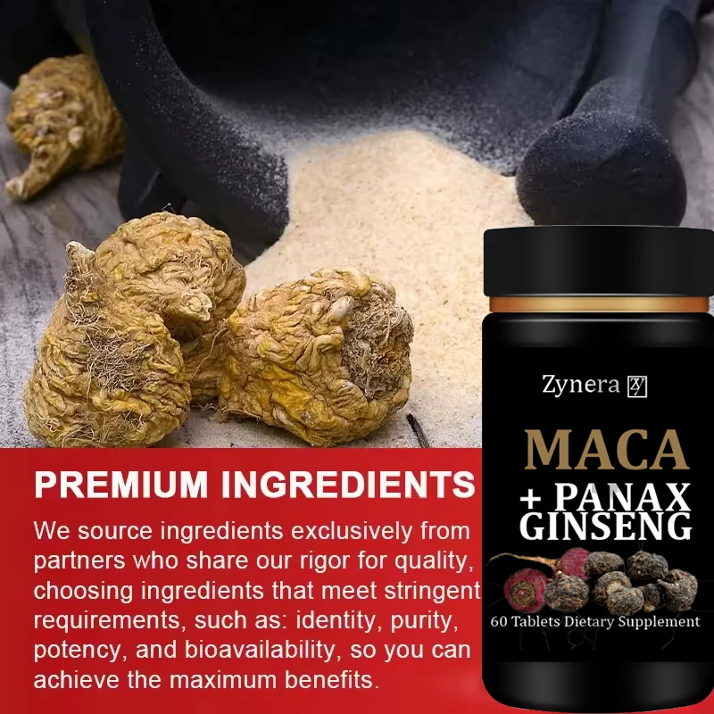 Maca Tablets 60 Capsules - Natural & Pure, No Side Effects, Enhance Male Performance, Erect, Energy, Endurance，Vegan Pills