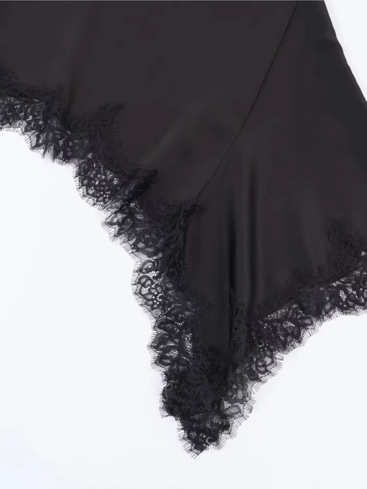 봄 여성 새틴 레이스 드레스 섹시한 백리스 홀터넥 비대칭 밑단 여성 미디 드레스 패션 우아한 여성 시크 드레스