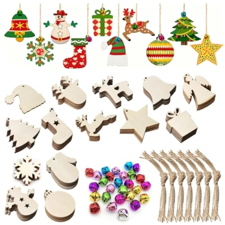 , 70 Pack Christmas Wooden Ornaments with Mini Jingle Bells for Crafts, 14 Styles Unfinished Wood Slice Hanging Decoration