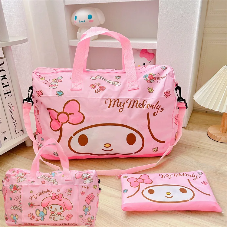 Hello Kitty Cartoon Woman's Travel Bag Girly Heart Sanrio Melody Printed Portable Foldable Luggage Clothes Storage Travel Bag