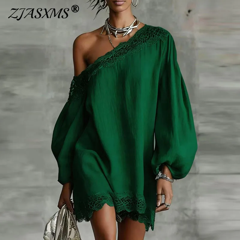 Frühlings-Minikleid mit Einer Schulter und Langen Laternenärmeln, Sexy Durchbrochenes Häkelkleid mit Spitzensaum für Damen, Sommer-Boho-Urlaubskleid