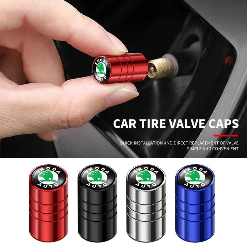 4Pcs Car Wheel Tire Valve Caps Air Stem For Skoda Octavia A5 Superb Old Febia Roomster 2013 2005-2008 Rapid Roomster Kodiaq