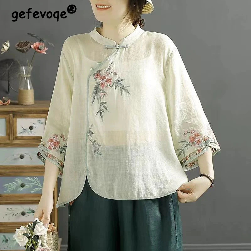 New Women Chinese Style Vintage Embroidery Blouses Stand Collar Irregular Loose Thin Shirts Elegant Cotton Linen 3/4 Sleeve Tops