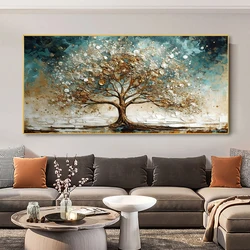 Abstract Gold and Blue Winter Tree Canvas Painting Wall Art Rich Tree Posters Landscape Picture for Living Room Wall Decor