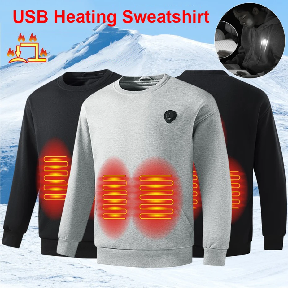 

USB Heating Sweatshirt Men 5 Zones Electric Heated Sweatshirt Autumn Winter Warm Pullover Male Big Size 5XL