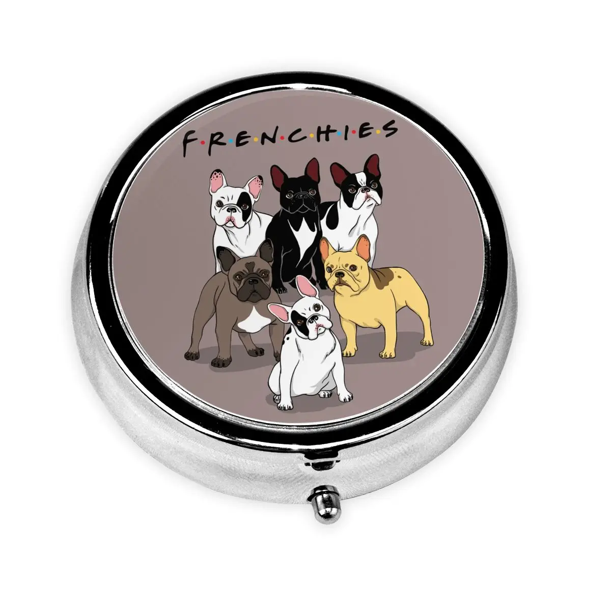 

Funny Frenchies French Bulldog Travel Round Pill Organizer Dog Animal Medicine Box Pill Case Splitters Storage Box Pockets Purse