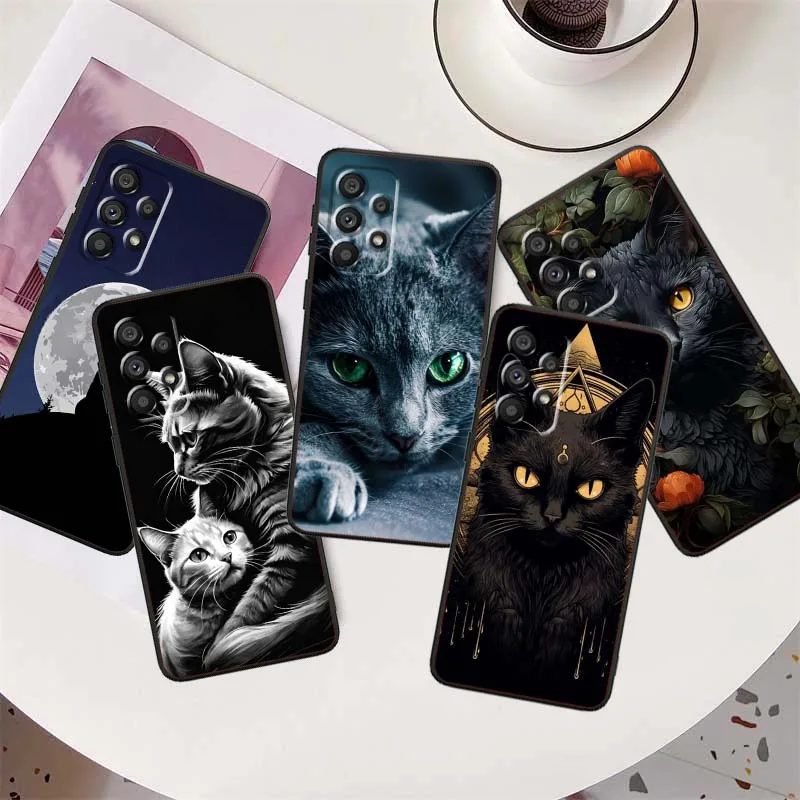 Dark Anime Cat Art Cover für Samsung A41 A35 A34 A33 A32 A25 A24 A23 A21s A06 A05 A04 A03 Note 10 20 Ultra 5G Schwarz