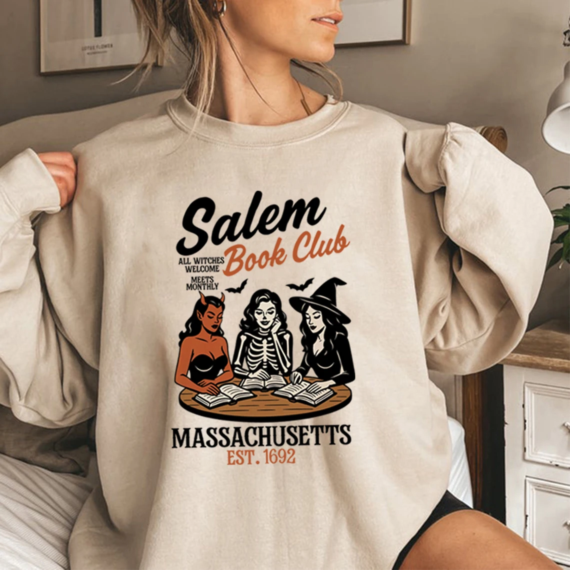 Witchy Book Club Sweatshirt Spooky Girl Reading Hoodie Book Lover Halloween Gift Women Graphic Hoodies Witches Salem Sweatshirt
