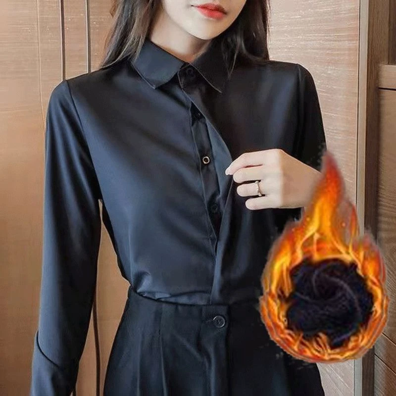 

Winter Fleece Lined Shirt Women Black White Long Sleeve Office Blouse Thick Warm Workwear Casual Loose Fit