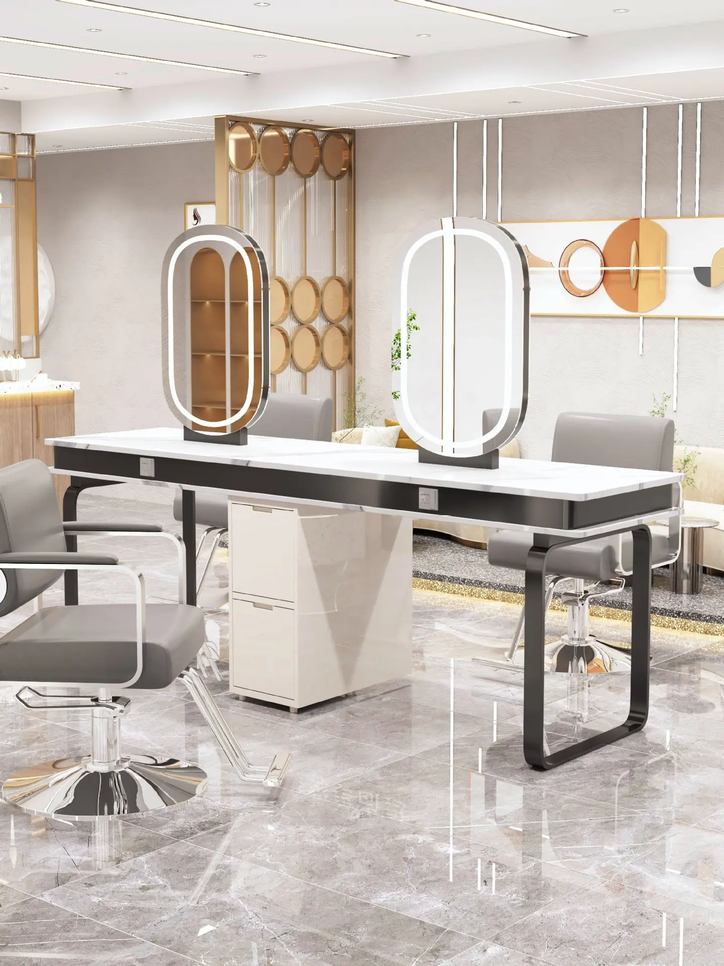 Barber shop mirror table with cabinet integrated hair salon Internet celebrity hair cutting hair perm and dyeing area with light