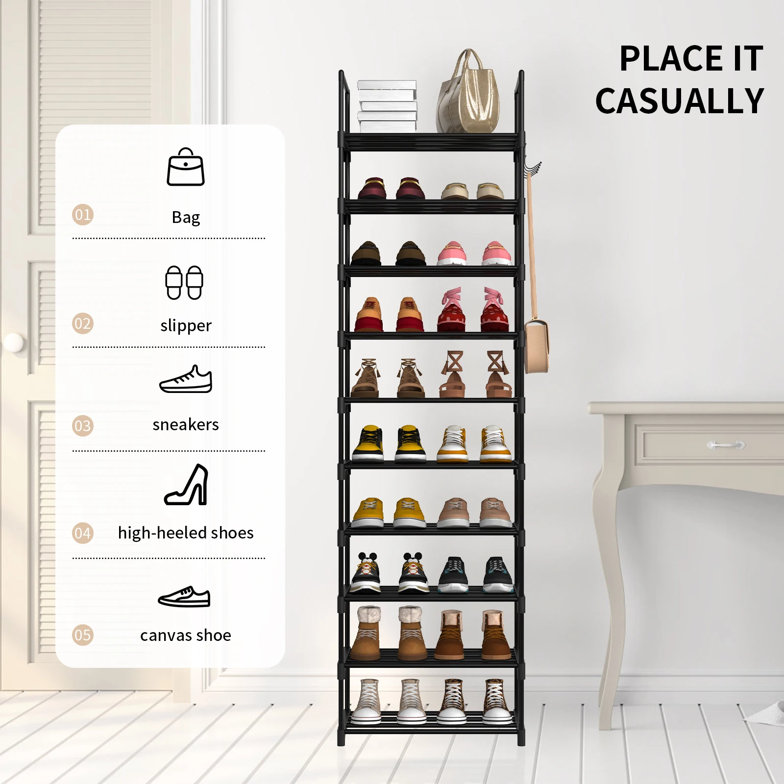 رف أحذية، منظم تخزين أحذية معدني من 10 طبقات مع خطاف، تصميم DIY، إطار معدني، رف موفر للمساحة، 30 × 43 × 174 سم، أسود