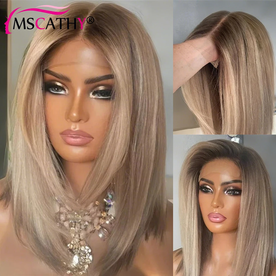 Peluca bob con encaje frontal 13x4 color rubio ceniza 200% sin pegamento cabello brasileño Remy UHD transparente 3