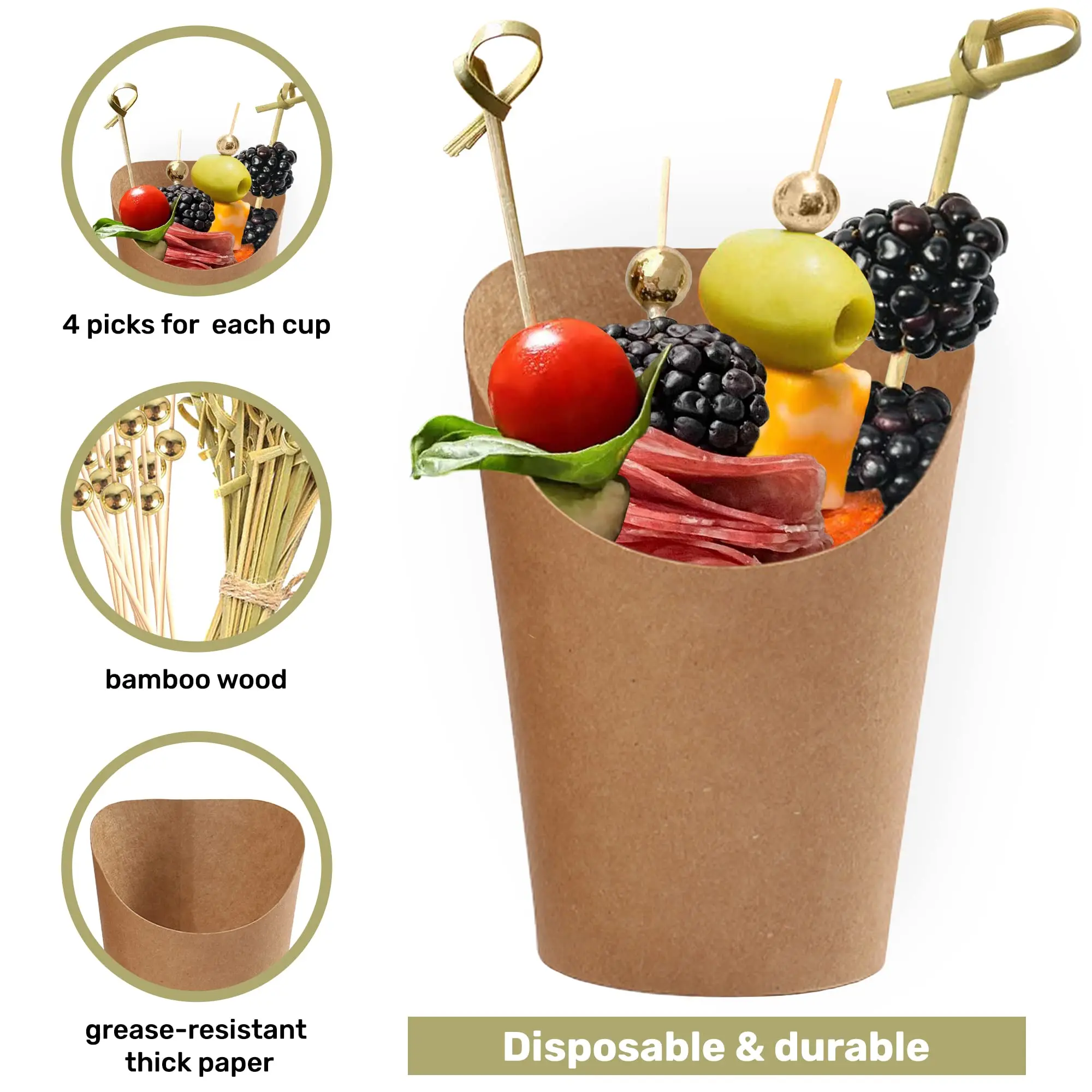 Individual Disposable Charcuterie Cups with Sticks Portable Bags Cocktail Skewers 16oz Brown Paper Appetizer Cups for French Fry