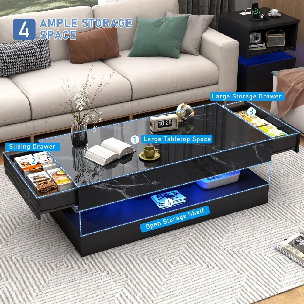 Large High-Glossy LED Coffee Table with Sliding Drawers, Modern Living Room Storage Solution featuring Marbling Print Design