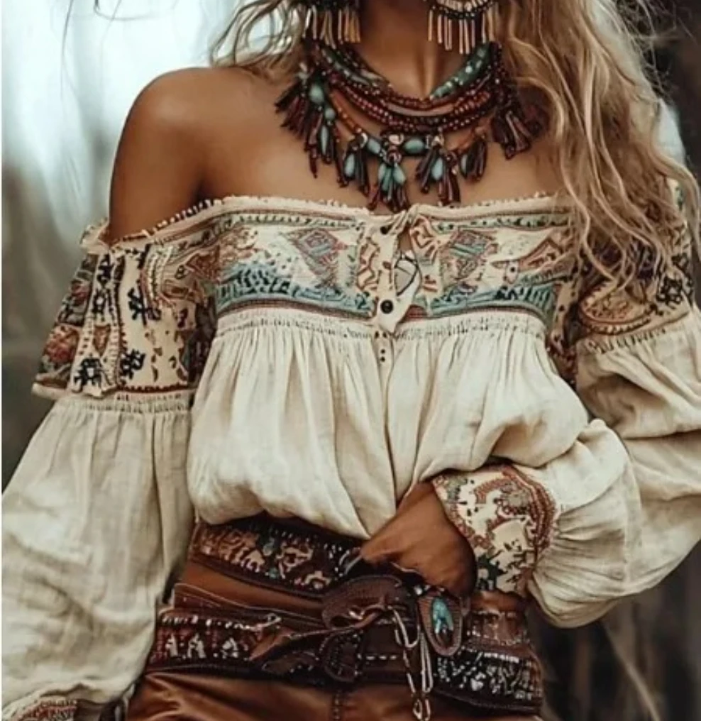 

Шикарная богемная блузка с открытыми плечами, этническими принтами, рукавами-фонариками и однобортной застежкой для лета и осени, повседневные топы