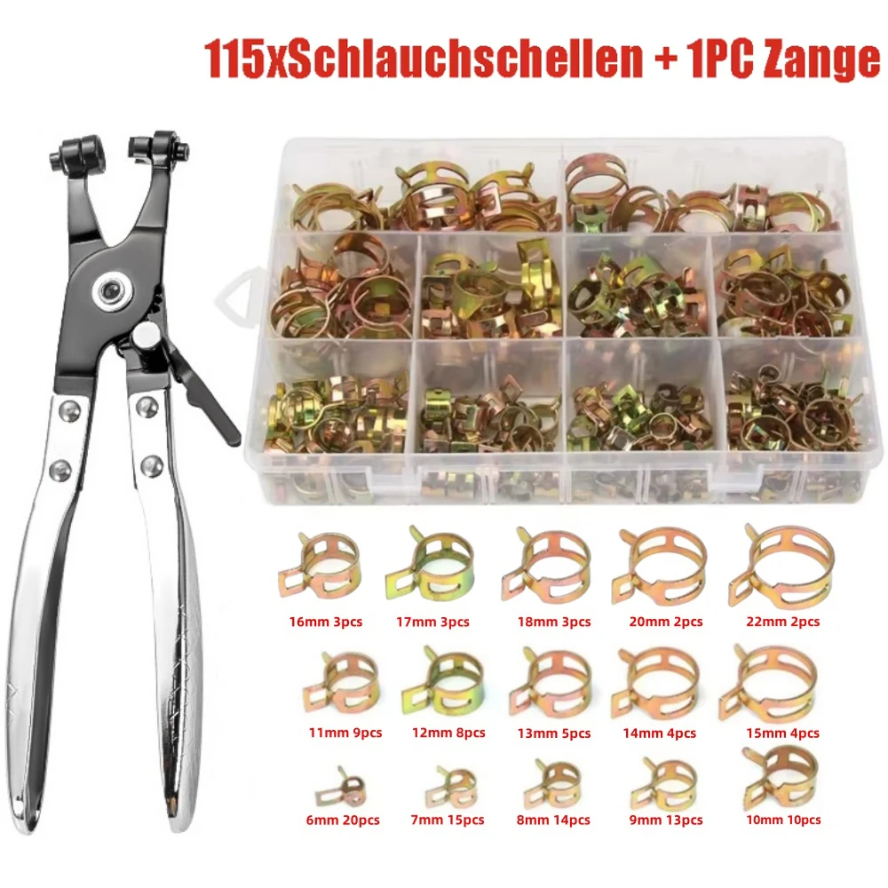 115-teiliges Set 6mm-22mm Auto- und LKW-Federklemmen für Kraftstoff-, Öl- und Wasserschläuche mit 1 Stück Schlauchklemmzange