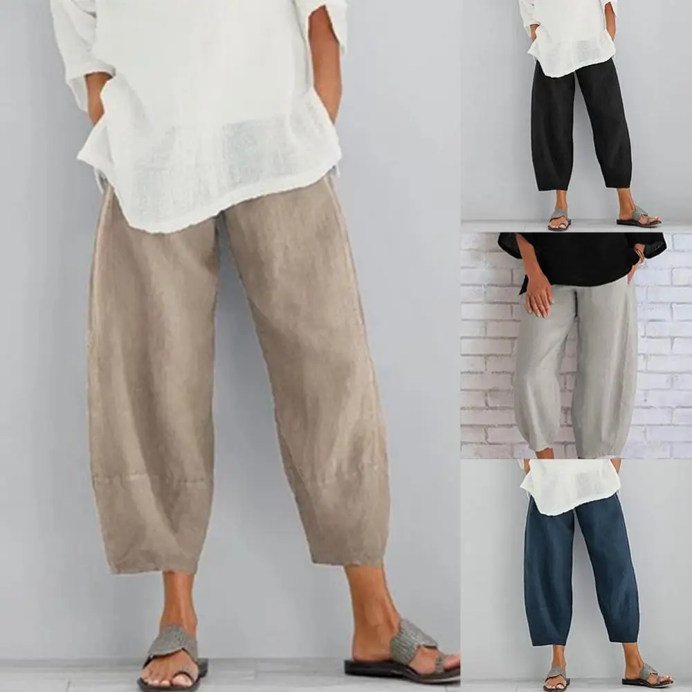 

Loose Elastic Trousers Women Solid Color Pants Waistband Pockets Ninth Baggy Trousers