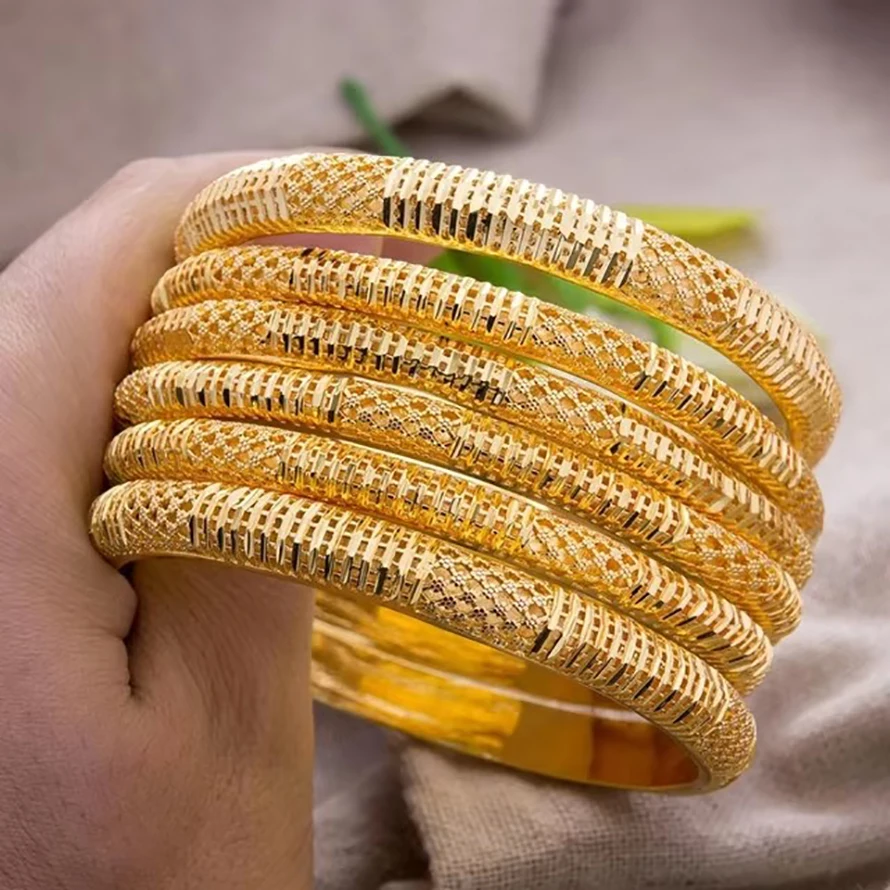 8+6mm 6Pcs/lot Luxury Wedding Bangles For Women Gold Color Dubai Bangles Luxury African Wedding Bracelets  Arab Middle East