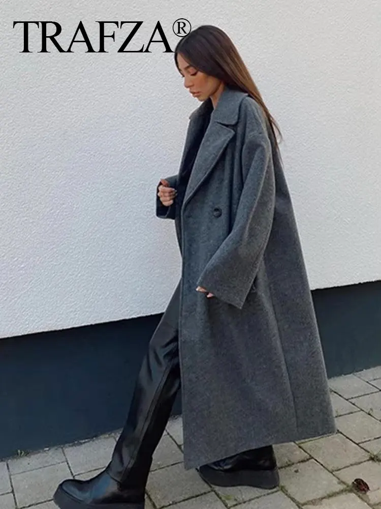 TRAFZA Winter Coat For Women 2024 Solid Lapel Double Breasted Long Cardigan Top Female Pokcet Streetwear Woman New In OuterCoat