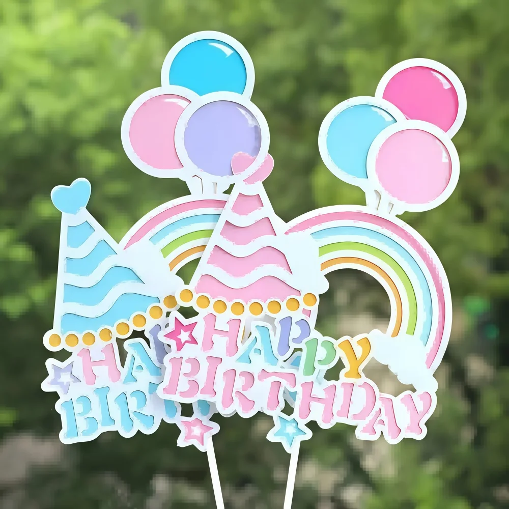 2pcs/3pcs Happy Birthday Cake Topper with Crown Butterfly Castle Rainbow - Party Cupcake Toppers DIY Baking Decoration Supplies