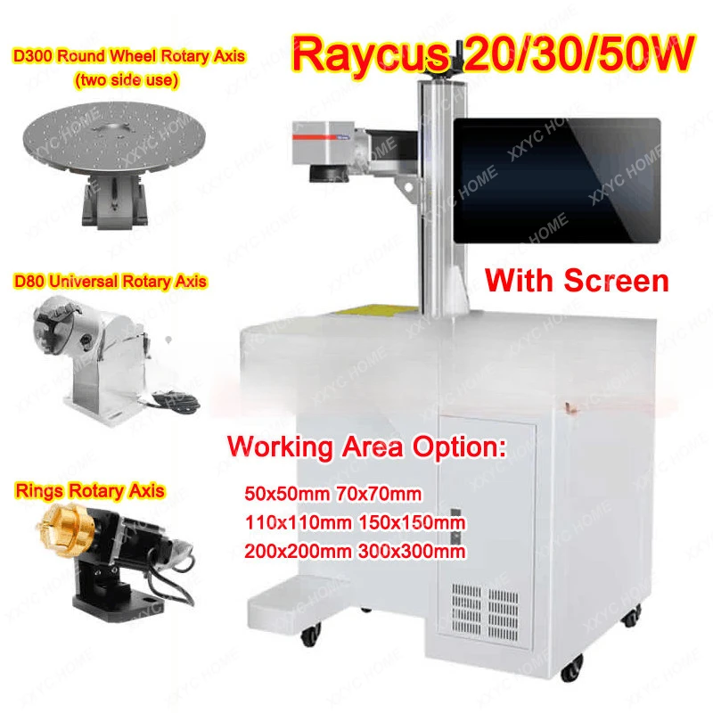 

Outdoor Raycus 50W 30W 20W Fiber Laser Marking Engraving Machine Cabinet Stand Metal Engraver with Rotary Axis for Jewelry Cut