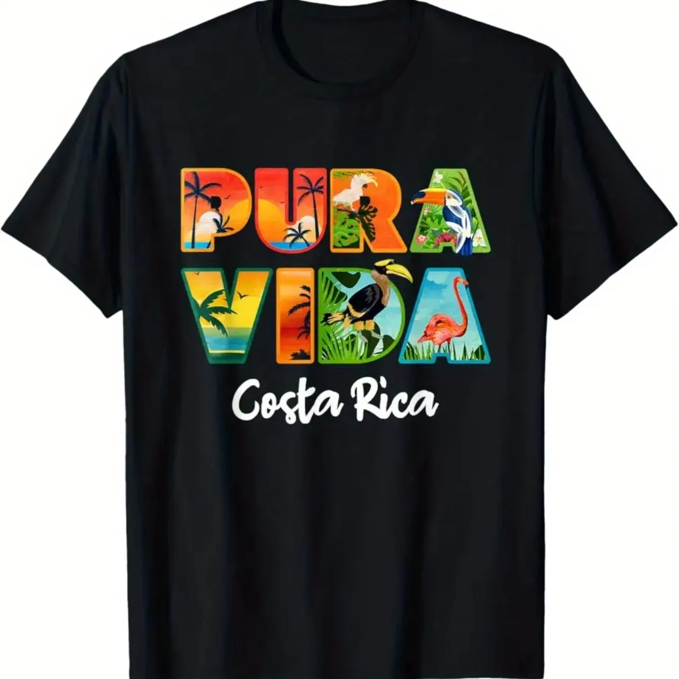 Camiseta gráfica Pura Vida Costa Rica para hombre, nueva colección 2026, estampado de pájaro tropical, flamenco y tucán, manga corta, cuello redondo, casual, de verano, negra