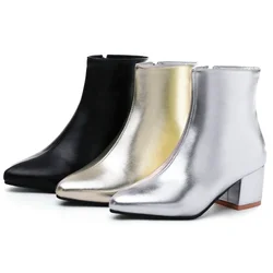 Ankle Boots Women Gold High Heels PU Casual Office Zip Winter Boot 2024 Goth Pointed Toe Silver Chunky Heel Short Boot Ladies