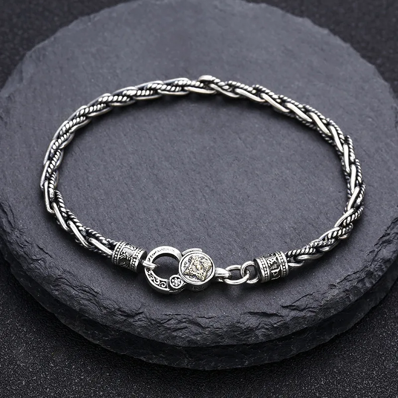 925 Sterling Hand-Woven Hemp Rope Bracelet, Thick Style, Men'S Thai Silver Vintage Jewelry