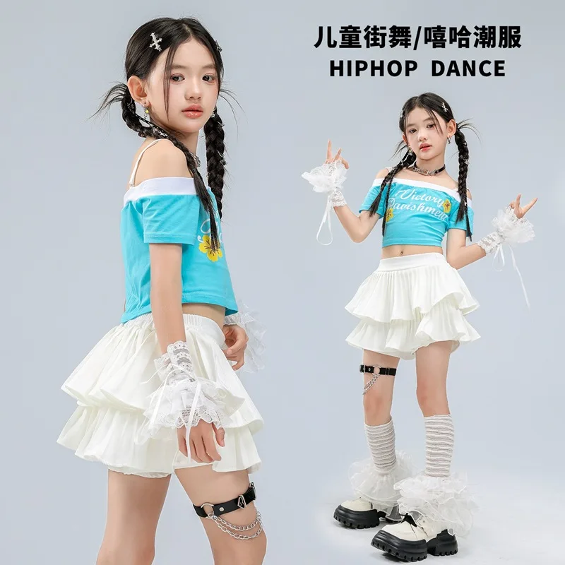Girls K-pop Blue Crop Tops Joggers Baggy Pants Child Streetwear Girl Group Costume Kids Hip Hop Jazz Street Dance Clothes Set