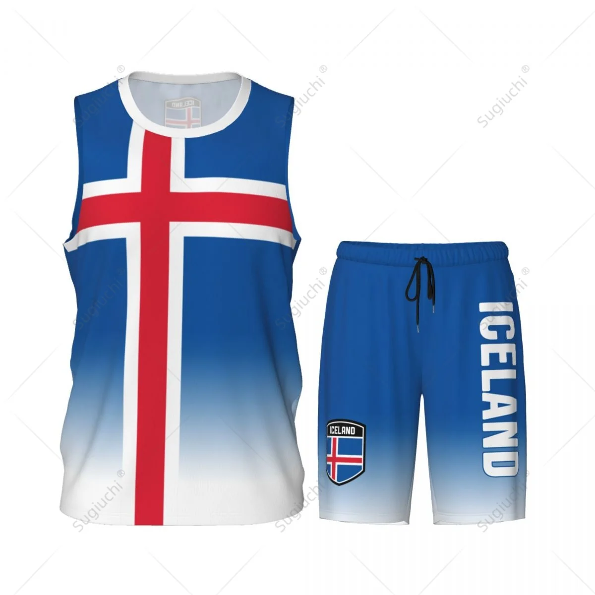 Men Iceland Flag Basketball Jersey Set Mesh Shirt & Pants Sleeveless Exclusive Team-up Custom Name Nunber Unisex